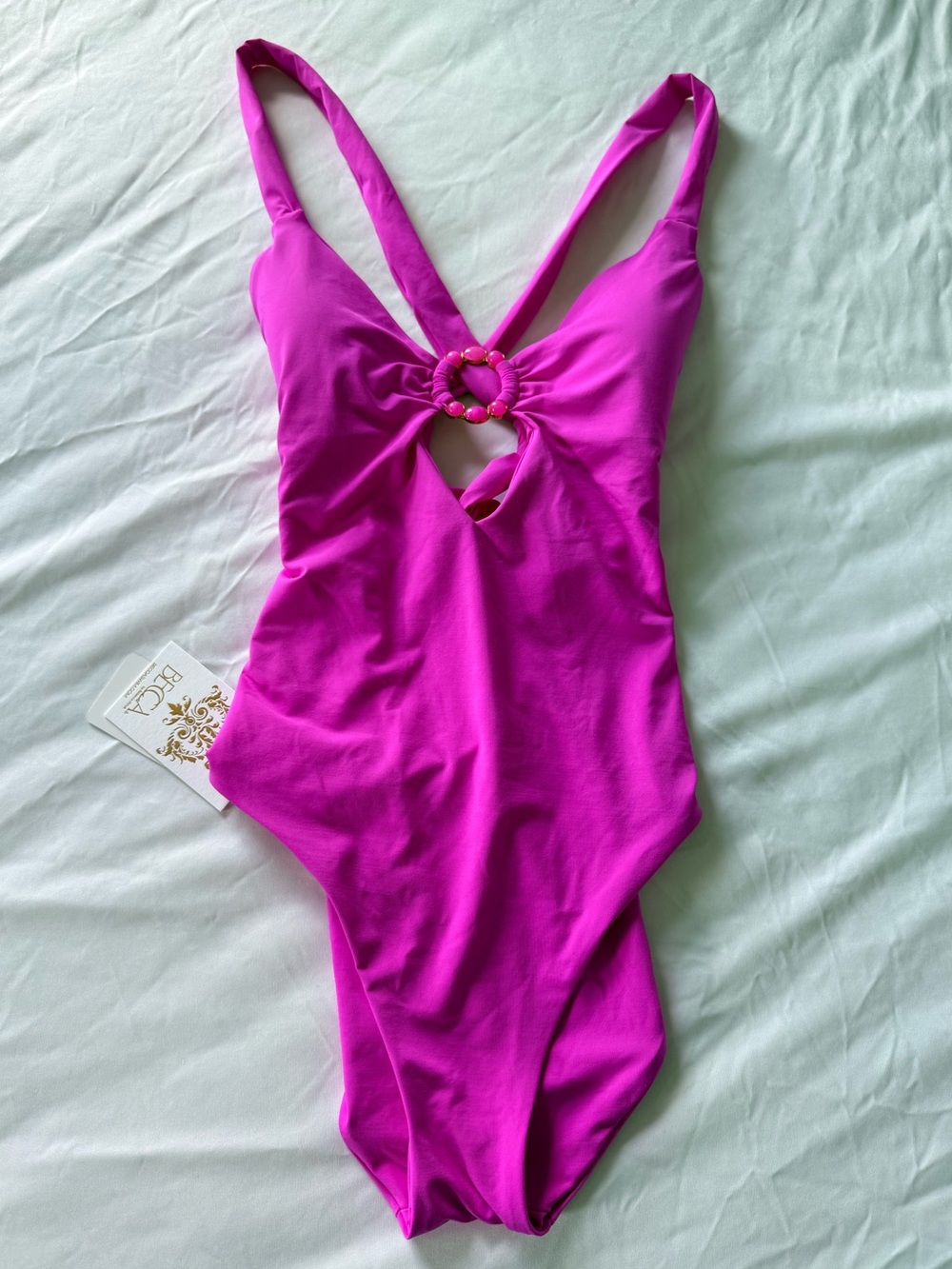 BECCA Vibrant Hot Pink One-Piece Swimsuit with Ring Front - Picture 3 of 7
